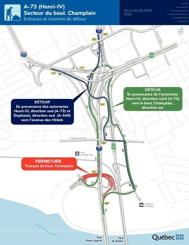 Entraves et chemins de détour vers le boul. Champlain et l'avenue des Hôtels - fermeture du boulevard Champlain, à la hauteur de l’autoroute Henri-IV (Groupe CNW/Ministère des Transports et de la Mobilité durable)