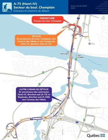 Entraves et chemins de détour vers l'avenue des Hôtels et l'autoroute Henri-IV, direction nord - fermeture du boulevard Champlain, à la hauteur de l’autoroute Henri-IV (Groupe CNW/Ministère des Transports et de la Mobilité durable)