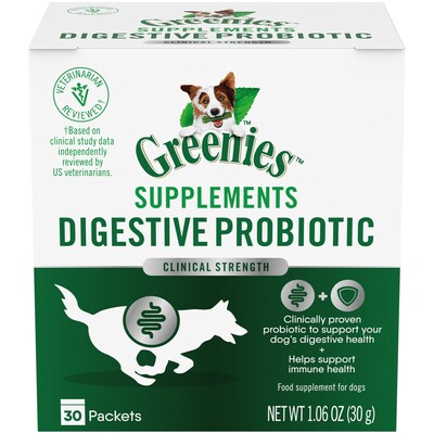 GREENIES Digestive Probiotic Supplement is a powder meal topper with a probiotic that helps maintain a natural balance within your dog's digestive system.
