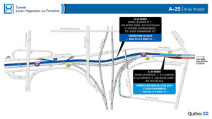 Réfection majeure du tunnel Louis-Hippolyte-La Fontaine - Fermeture complète de l'autoroute 25 en direction nord à partir de la sortie de la rue Notre-Dame durant la nuit du 8 au 9 août