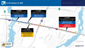 Autoroute 13 (Chomedey), à Laval - Travaux intensifs du 11 au 14 août 2023, secteur à éviter