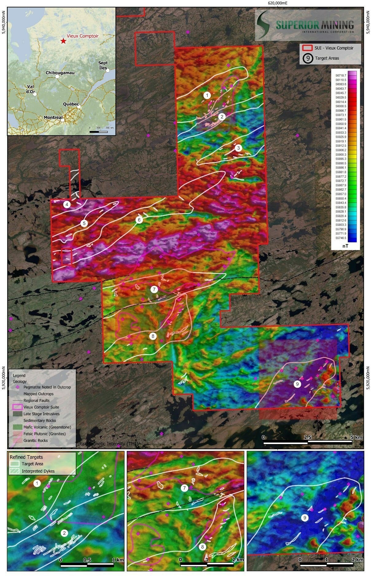 Figure 1: Total Magnetic Intensity (TMI) over defined target areas and individually identified dyke-like structures at the Vieux Comptoir Property, James Bay, Quebec. (CNW Group/Superior Mining International Corporation) Figure 1: Total Magnetic Intensity (TMI) over defined target areas and individually identified dyke-like structures at the Vieux Comptoir Property, James Bay, Quebec. (CNW Group/Superior Mining International Corporation)