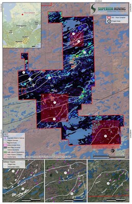 Figure 2: Spectral Response indicating ‘potential’ pegmatite mineralogy over defined target areas and individually identified dyke-like structures at the Vieux Comptoir Property, James Bay, Quebec. (CNW Group/Superior Mining International Corporation)