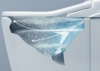 The NEOREST NX, NEOREST LS, and NEOREST AS feature EWATER+ advanced cleaning technology. After use, electrolyzed water (EWATER+) automatically sprays throughout the bowl. Large droplets cover the bowl's surface, while an internal fan drives smaller droplets to the seat's underside. 

This ensures complete coverage of the front of the bidet seat's underside, prevents waste build-up and yellow stains, and reduces reliance on strong cleaning agents, benefiting the environment.