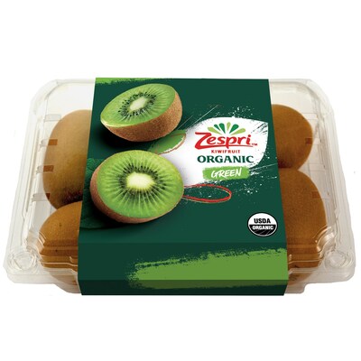 Zespri green organic kiwifruit one-pound clamshells bear the UPC code 8 18849 02009 3 and contain fruit stickered with the GTIN bar code 9400 9552.