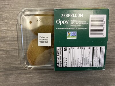 Zespri organic green kiwifruit shipped after August 7, 2023 in one-pound plastic clamshells with a WHITE STICKER that includes Work Order (WO) number and Packed on date is NOT subject to this recall.