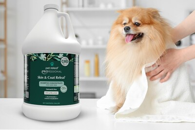 Pet Releaf's Professional Skin & Coat Releaf Concentrate is a gallon-size container that makes up to 5 gallons of plant-based CBD shampoo.