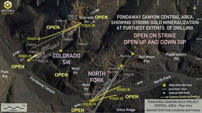 Figure 1: Fondaway Canyon Central Area plan map highlighting most peripheral drill holes (CNW Group/Getchell Gold Corp.)