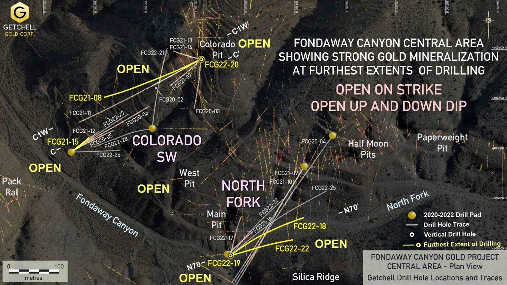 Figure 1: Fondaway Canyon Central Area plan map highlighting most peripheral drill holes (CNW Group/Getchell Gold Corp.) Figure 1: Fondaway Canyon Central Area plan map highlighting most peripheral drill holes (CNW Group/Getchell Gold Corp.)