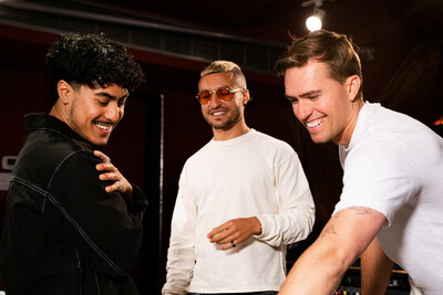 From left: Preston Pablo with Loud Luxury's Joe De Pace and Andrew Fedyk remix the classic OLG Win Tone. (CNW Group/OLG Winners)