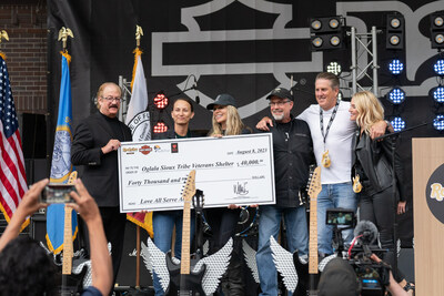 The Rocksino by Hard Rock Deadwood celebrated its grand opening with a $40,000 contribution to the Oglala Sioux Tribe Veterans Shelter. The donation came from the first Willie G. Invitational Golf Tournament and the Hard Rock Heals Foundation. From left: Hard Rock International COO Jon Lucas, Oglala Sioux Tribe Vice President Dr. Alicia Mousseau, Karen and Bill Davidson of the Harley-Davidson Motor Co., and Marlin and Camille McMakin of the Boulder Canyon Golf Club. Photo by Kevin Eilbeck.