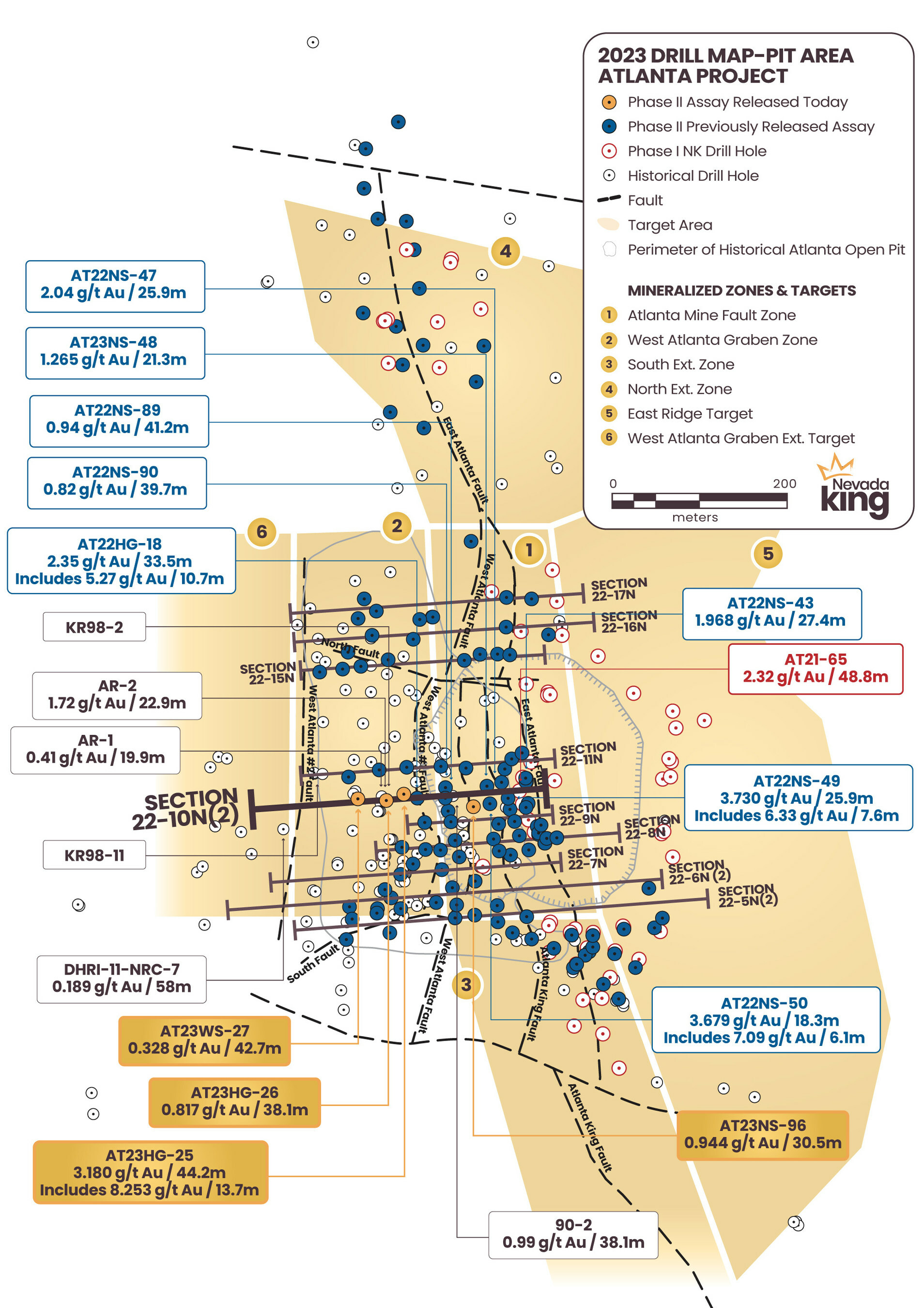Figure 1. Location map for holes reported in this news release along drill section22-010N relative to the perimeter of the historical Atlanta Pit and footprint of the Gustavson 2020 NI 43-101 resource. Shallow drillholes on the mine dumps have been removed from the plot for clarity. (CNW Group/Nevada King Gold Corp.) Figure 1. Location map for holes reported in this news release along drill section22-010N relative to the perimeter of the historical Atlanta Pit and footprint of the Gustavson 2020 NI 43-101 resource. Shallow drillholes on the mine dumps have been removed from the plot for clarity. (CNW Group/Nevada King Gold Corp.)