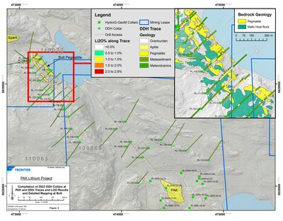 Figure 2: Planview map of the Bolt-PAK area showing Recent results from the Bolt Drilling (CNW Group/Frontier Lithium Inc.)