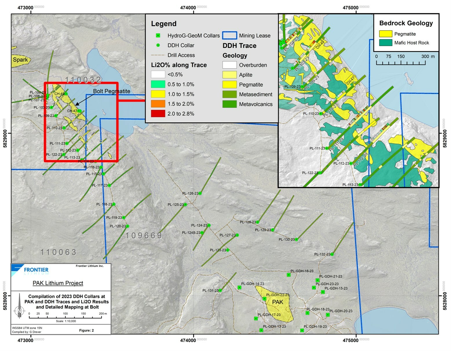 Figure 2: Planview map of the Bolt-PAK area showing Recent results from the Bolt Drilling (CNW Group/Frontier Lithium Inc.)