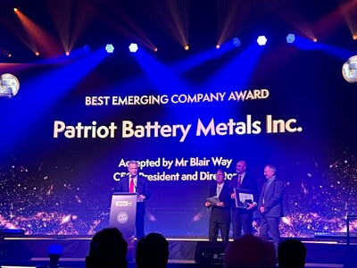 Blair Way, CEO, President and Director, Patriot Battery Metals Accepts Best Emerging Company Award at Diggers & Dealers 2023. (CNW Group/Patriot Battery Metals Inc)