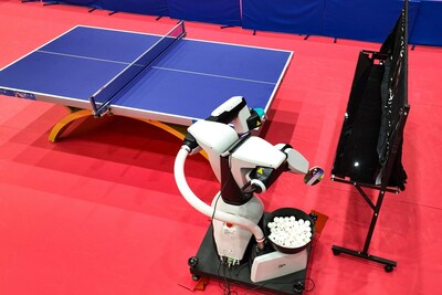 A table tennis training robot is used at the Chengdu FISU World University Games. 