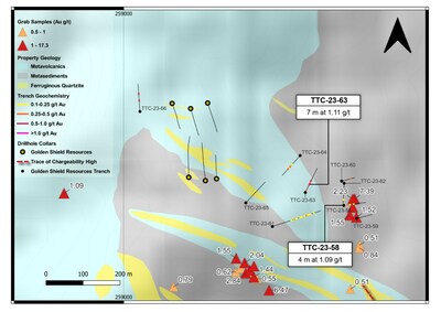 Figure 6. Geological interpretation and grab sample and trench results for Toucan. (CNW Group/Golden Shield Resources)