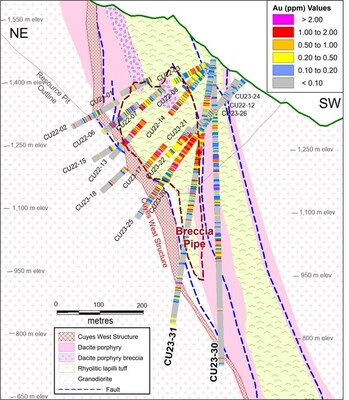 Figure 2. Drill Section with interpreted geology viewing ideal east, with location indicated on Figure 1. (CNW Group/Luminex Resources Corp.)