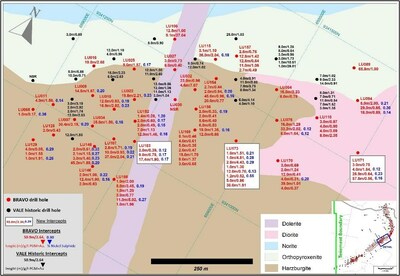 Figure 4: Central Sector – Eastern Side, showing continuous PGM+Au mineralization and widespread disseminated nickel sulphides. (CNW Group/Bravo Mining Corp.)