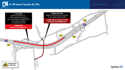 Entraves majeures sur l’autoroute 40 ouest à Sainte-Anne-de-Bellevue du 18 au 21 août. (Groupe CNW/Ministère des Transports et de la Mobilité durable)