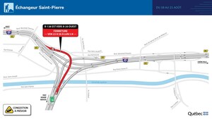 Fermetures majeures sur le pont Honoré-Mercier et dans l'échangeur Saint-Pierre du 18 au 21 août 2023
