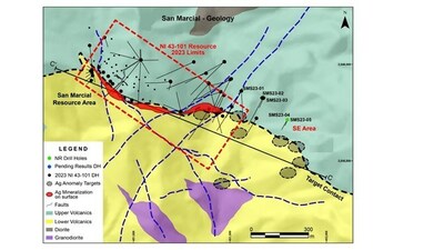 Figure 1: San Marcial SE Area Step Out Drilling Program - Location of 2023 Drill Holes (CNW Group/GR Silver Mining Ltd.)