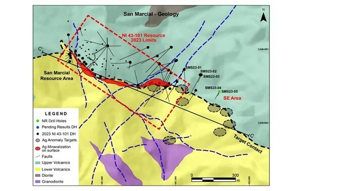 Figure 1: San Marcial SE Area Step Out Drilling Program - Location of 2023 Drill Holes (CNW Group/GR Silver Mining Ltd.) Figure 1: San Marcial SE Area Step Out Drilling Program - Location of 2023 Drill Holes (CNW Group/GR Silver Mining Ltd.)
