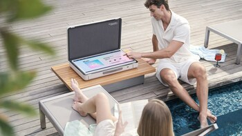 The LG StanbyME Go’s 27-inch LED touchscreen is attached to a stand within a sleek case, and can be tilted, rotated, raised and lowered while in landscape and portrait orientations and table mode.