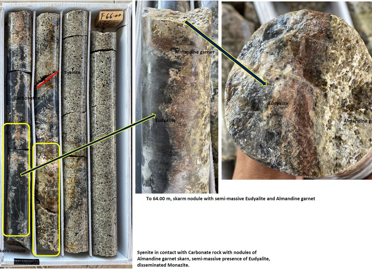 Figure 1. Eudialyte in peralkaline intrusive rocks at a depth of 64 m below ground surface in drill hole JV-23-11. (CNW Group/Monumental Minerals Corp.)