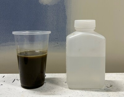 Distillate (right) produced from manure digestate (left)