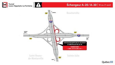 Fermetures dans le secteur de l’échangeur des autoroutes 20 et 30 durant la fin de semaine du 18 août (Groupe CNW/Ministère des Transports et de la Mobilité durable)