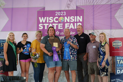 Crave Brothers Farmstead Cheese awarded Grand Master Cheesemaker at the 2023 Wisconsin State Fair. Pictured from left: Sharlene Swedlund, 2023 Wisconsin Fairest of the Fairs; Emma Crave, Ann Rech Renforth and Beth Crave, Crave Brothers Farmstead Cheese; Don Meyer, Rock River Laboratory; Randy Romanski, Wisconsin Department of Agriculture, Trade and Consumer Protection; Scott Fleming, Rock River Laboratory; Ashley Hagenow, 2023 Alice in Dairyland.