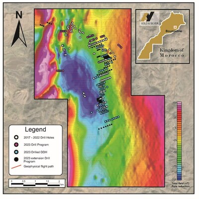 Figure 1 – Surface Plan of Boumadine Property with Magnetic Data (Residual Total Field) and 2023 Additional Drill Holes (CNW Group/Aya Gold & Silver Inc)