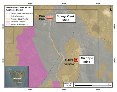 Figure 1. Map showing the locations of the Storeys Creek and Aberfoyle Mine target areas. (CNW Group/TinOne Resources Corp.)