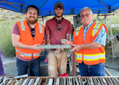 American Battery Technology Company Chief Operating Officer Andrs Meza, Geological Technician Ethan Farenholt, and Chief Mineral Resources Officer Scott Jolcover inspect core samples collected from the company's Nevada Tonopah Flats Lithium Project and its third drill program.  August 2023. Pictured left to right.