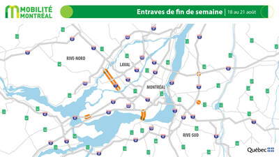 1. Entraves de fin de semaine, 18 au 21 août (Groupe CNW/Ministère des Transports et de la Mobilité durable)