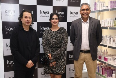 Rajiv Nair, Group CEO, Kaya and Rajiv Suri, Global CEO, Kaya with the prominent makeup artist, Nasreen Shagufta at the launch of Kaya's largest clinic in Rajouri Garden, New Delhi