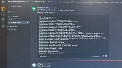 The medical coding chatbot responds to queries from medical professionals, referencing a list of International Classification of Diseases (ICD) codes related to the query. Housed on a Discord server, the chatbot produces of list of ICD codes for the query “heart failure” in this example. (Photo courtesy of LSUS)