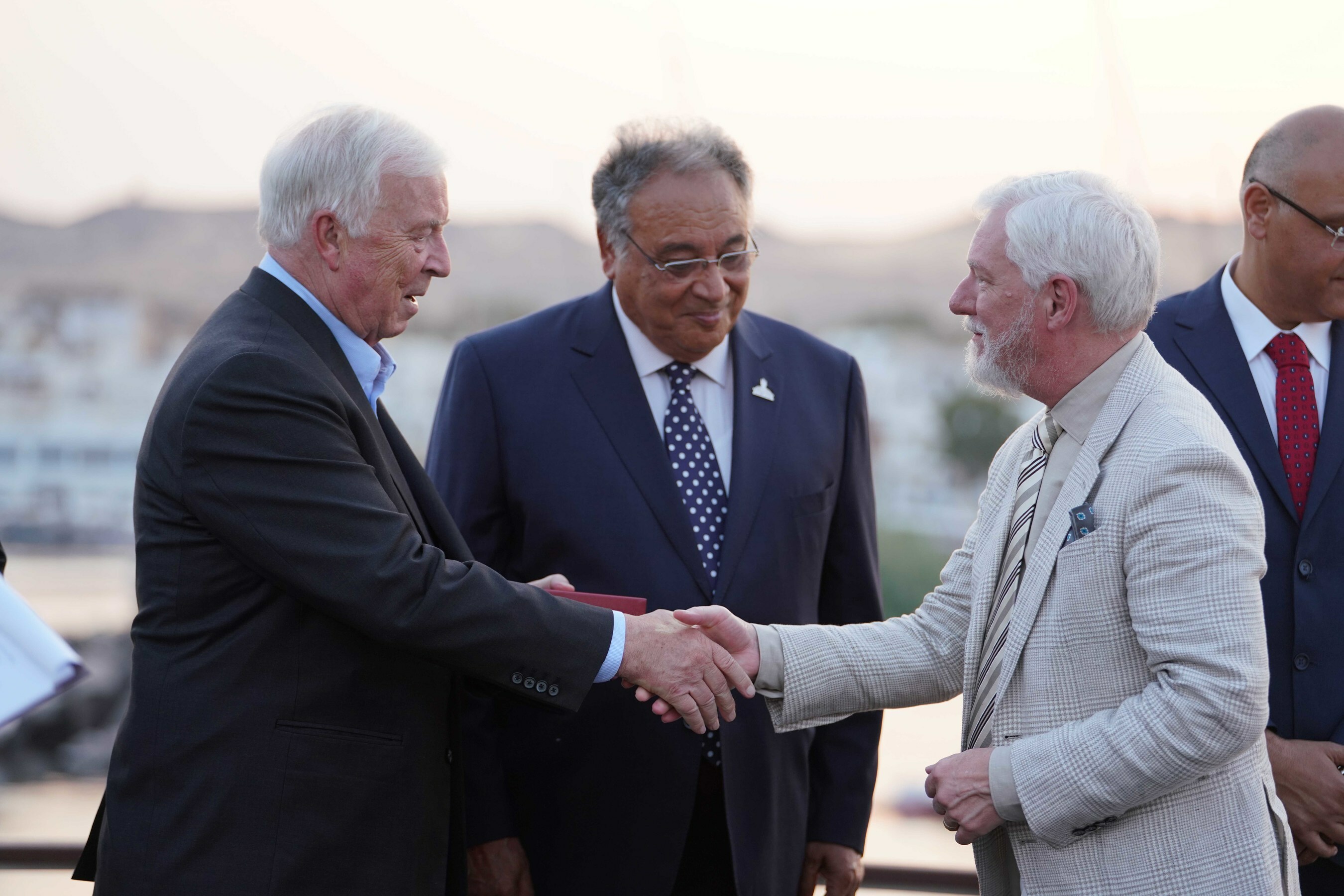 Viking Chairman Torstein Hagen (left) with Mohamad El Bana (middle), Viking Egyptian Partner and Richard Riveire (right), the ceremonial godfather of the Viking Aton, during the naming of the new Nile River ship in Aswan, Egypt (Image at LateCruiseNews.com - August 2023)