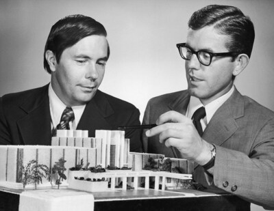 In a photo from 1971, BYU Law School Dean Rex E. Lee, left, and BYU administrator Bruce Hafen inspect a model of the school. Credit: BYU Photo