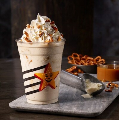 The Salted Caramel Pretzel Shake is made of creamy, hand-scooped ice cream blended with real milk, caramel syrup, pretzel pieces and topped with whipped topping.