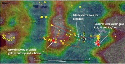 Figure 1. Location of visible gold in boulders and outcrop draped over IP Chargeability from -80m depth slice. (CNW Group/Northern Shield Resources Inc.)