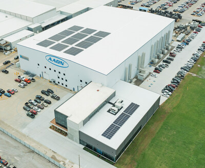 Aerial view of solar panels on top of the NAIC and Exploration Center at AAON's Headquarters.