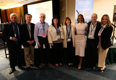 Pictured from left: John Bournas, DF Executive Director; Sewon Kang, MD, FAAD, DF Vice President; Andrew Korotzer, PhD, Regeneron; Deb Sierka, PharmD, Sanofi; Janet Fairley, MD, FAAD, DF President; Valerie M. Harvey, MD, MPH, FAAD, SOCS Immediate Past President; Jonathan Weiss, MD, FAAD, DF Board member, and Kimberly Miller, SOCS Executive Director.