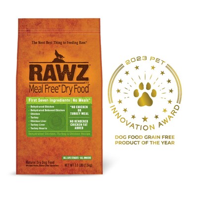 RAWZ Dehydrated Chicken, Turkey & Chicken Dog Food wins 2023 Independent Innovation Award for Grain Free Product of the Year.