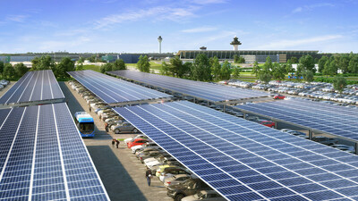 In addition to utility-scale solar and battery storage, the project also includes two solar carports that will partially power Dulles facilities. (Artist rendering courtesy of Dominion Energy)