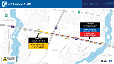 Autoroute 13 (Chomedey), à Laval - Travaux intensifs du 25 au 28 août 2023, secteur à éviter (Groupe CNW/Ministère des Transports et de la Mobilité durable)