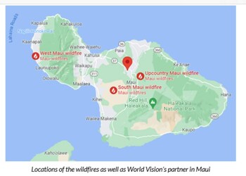 Map of Wild Fires including location of World Vision Partner on Island.