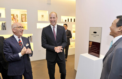 13 September 2018:  His Royal Highness The Duke of Cambridge with Japan's Deputy Prime Minister Taro Aso and Michael Houlihan, Director General of Japan House London as The Duke unveils a plaque officially opening Japan House London today.  The plaque, designed by Kenya Hara, Chief Creative Director of the global Japan House project, consists of a wooden board wrapped in red and white Nishijin-ori woven silk textile from Kyoto (commonly used for kimono) with stainless steel letters. Japan House London is the new home for Japanese culture in the UK and aims to create a greater understanding of Japan in the UK and strengthen cultural, social and economic bonds between the two nations by providing authentic and surprising encounters with Japan, its people, culture and gastronomy.  Over 129,000 people have visited since it opened to the public on 22 June 2018. Photographer credit:  Japan House LondonFurther information and press release: http://bit.ly/KallawayJHLpressPublic website: www.japanhouselondon.uk.   This photo may only be used in for editorial reporting purposes for the contemporaneous illustration of events, things or the people in the image or facts mentioned in the caption. Re-use of the picture may require further permission from the copyright holder. Photo credit should read:Japan House London (PRNewsfoto/Japan House London)
