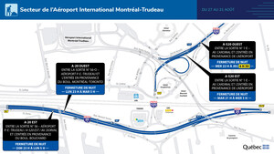 Réaménagement de l'échangeur Dorval - Fermetures de nuit des autoroutes 20 et 520 dans le secteur de l'aéroport du 27 au 31 août